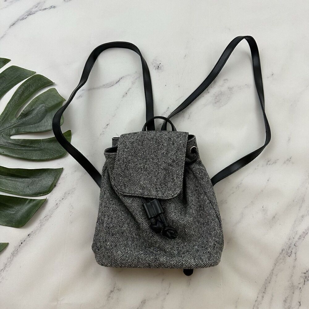Amanda Smith Vintage Y2k Mini Backpack Purse Black Gray Tweed Drawstring